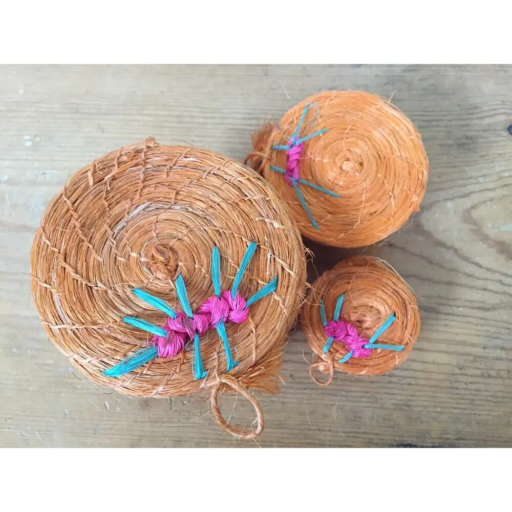 Set 3 Vintage Asian Handmade Woven Orange Straw Nesting Decorative Baskets 3.5